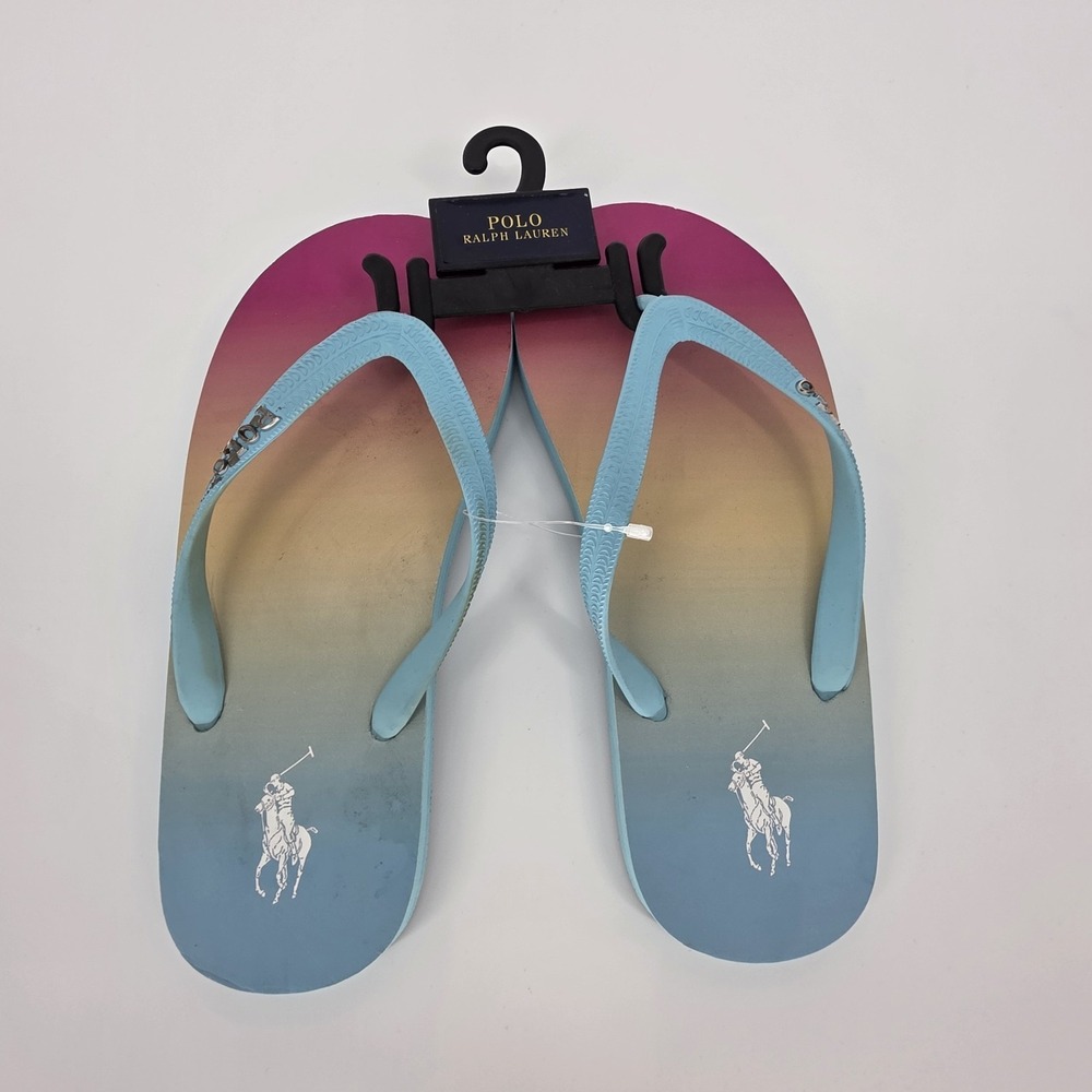 Polo Ralph Lauren Women's‎ Flip Flops Size 6 / 7 Pony Beach Rainbow Teal Pink